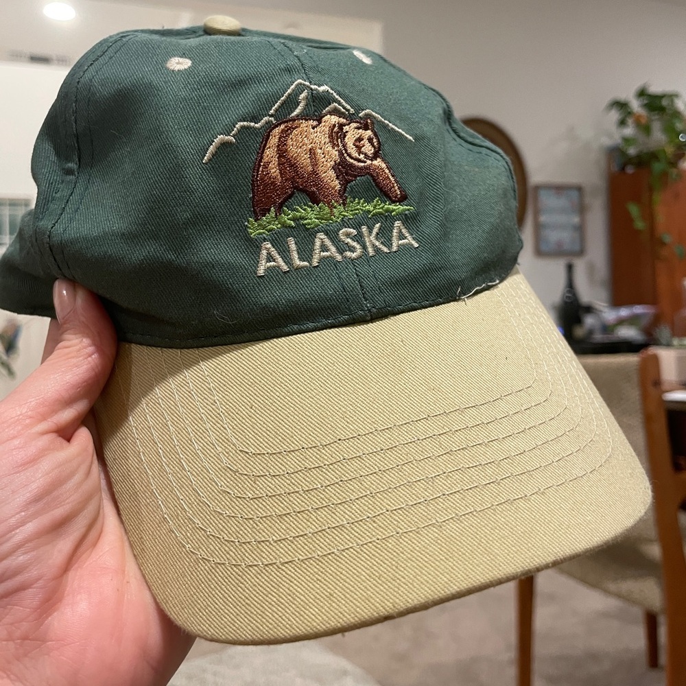 Green and tan Alaska hat with Bear embroidered